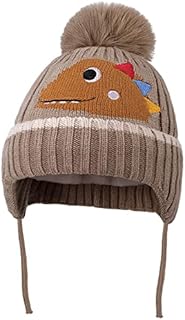 Boys Winter Hat - Kids Beanie Hat Earflap Dinosaur Kids Bobble Hat Thermal Fleece Lining Toddler Knitted Hat with Strap Pompom