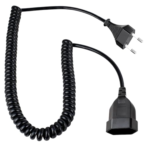 Leloco Rallonge en spirale - 3 m - Fiche européenne - Fiche plate - 2 fils - Câble d'alimentation - Pour TV, console de jeux, appareils ménagers, bureau, extérieur (noir)