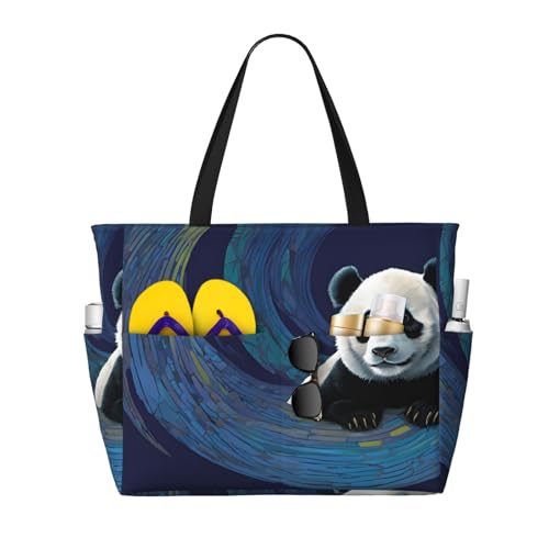 (Panda Print) Large Beach Tote Bag for Women Waterproof Sandproof Travel Shoulder Bag with Pocket for Pool Vacation Weekend Gym