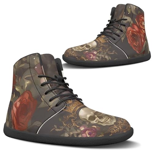Binienty Retro Skull Athletic Hiking Running Sneakers for Men, Men's Women's Rose Print Lace up High Top Minimalist Trainers Shoes Breathable Comfortable Daily Footwear, US 7.5