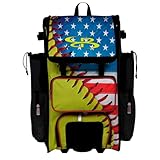 Boombah Rolling Superpack Baseball/Softball Gear Bag - Telescopic Handle - Holds 4 Bats - Wheeled Version - USA Softball Classic Optic Yellow/Royal Blue/Red