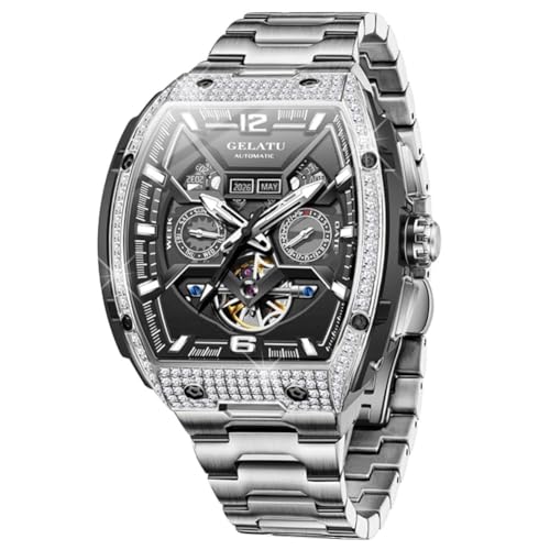 Image of OLEVS Men Automatic Watch Diamond Skeleton Mechanical Original Luxury Self Winding Moon Phase Calendar Waterproof Wrist Watch for Men