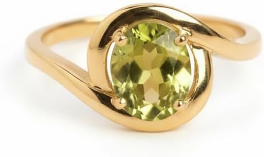 14K Yellow Gold Plated Sterling Silver Oval Peridot Swirl Ring for Women Genuine Green Gemstone Bypass Ring GMR-48