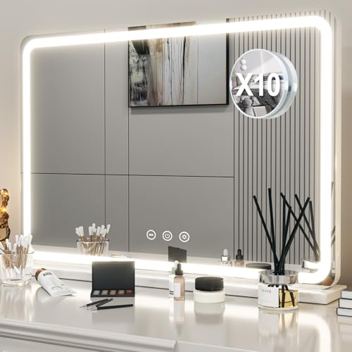 Lianwang miroir Coiffeuse 88x55 cm, Lumineux LED 3 Modes, Luminosité Réglable, Contrôle Tactile, Mémoire Intelligente, Blanc