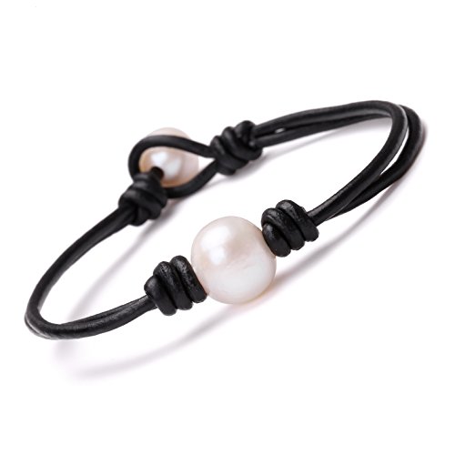 Single Cultured Freshwater Pearl Bracelet Handmade Leather Pearl Jewelry For Women By Aobei 7'' Black #TOP1