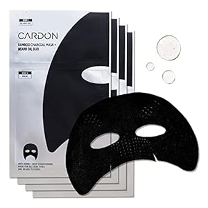 Cardon Complete Face & Beard Care Sheet Masks for Men – Korean Face Masks Skincare with Bamboo Charcoal Detox + Premium Beard Oil – 4 Pack for Deep Hydration, Anti-Aging & Post-Shave Comfort