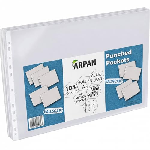 a3 Poly Pockets Landscape – Glass Clear plastic Wallets for Ring Binder, Acid-Free 60 Micron plastic Sleeves for Artwork, Book Covers, Wallets for Documents (Pack of 104)