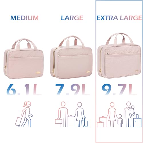 Image of NISHEL Travel Toiletry Bag for women, Portable Hanging Organizer for Family-Sized Shampoo, Conditioner, Brushes Set, Makeup Accessories, Extra Large Size, Pink