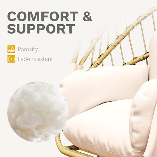 DWVO Wicker Swing Egg Chair 300lbs Capacity - Foldable Hanging Hammock with Cushions & Stand, Indoor/Outdoor Patio Swing Chair for Bedroom, Garden, Balcony (Beige)