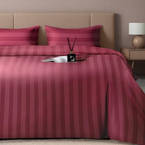 Image of Sassoon Artemis Italian Jacquard Weave Sateen Cotton Bedsheet - 400 TC, Cotton, Stripe Design, King Size (108 x 108 inches), Color: Rosewood, Soft, Breathable, - 1 Bedsheet + 2 Pillow Covers