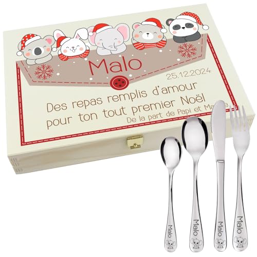 Gravure Events - Coffret en bois avec 4 Couverts personnalisés pour enfant - prénom gravé en FRANCE - Cadeau pour le 1er Noël fille ou garçon - Premier Noël de bébé modèle courrier
