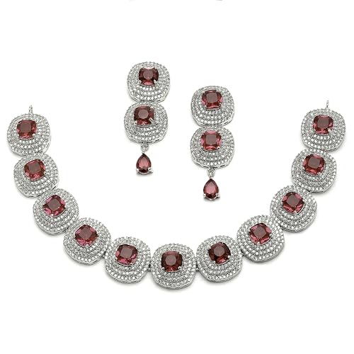 Image of ZENEME Rhodium Plated Silver Toned Triangular Shaped American Diamond Studded Jewellery Set For Women and Girl