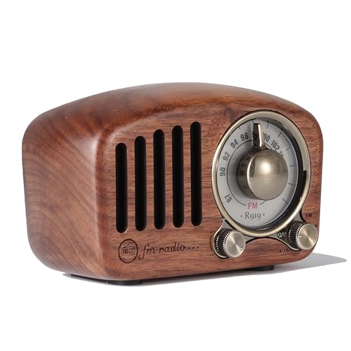 PRUNUS J-919 Radio Portable Rechargeable Classique Bois Rétro FM, Lecteur MP3 Via SD, Bluetooth, AUXiliaire, avec Cadran de 270° (Bois de Noyer)