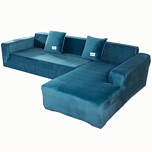 Housse de canapé d'angle bleu 2 places en velours extensible - 2