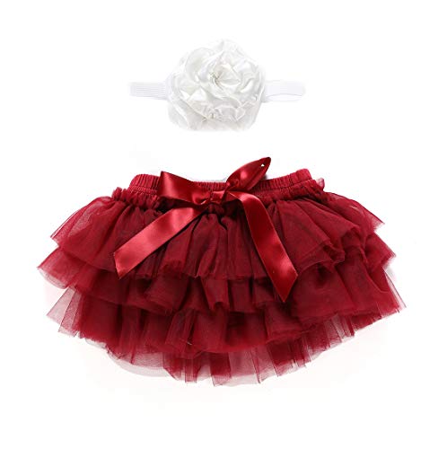 Newborn Baby Girls 3 Layers Ruffles Tulle Skirt With Bow Baby Bloomer Diaper Cover Photo Photography Prop Tutu And Headband Set (Jujube Red, 0-6M) #TOP2