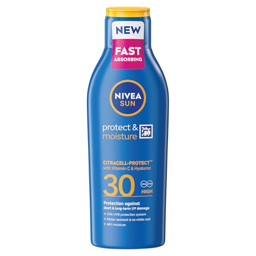 NIVEA SUN Protect & Moisture Sun Cream Lotion SPF 30 (400 ml) Sun Lotion with Vitamin C and Hyaluron Provides 48H Moisture and Immediate UVA & UVB Protection Water-Resistant Leaves No White Cast