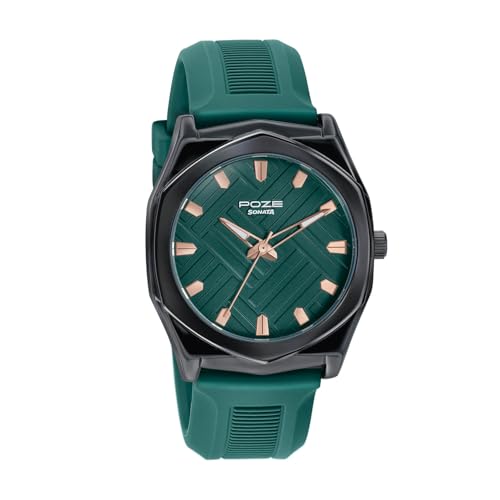 Image of Sonata Poze 8 Quartz Analog with Green Dial Green Silicon Strap Watch for Men - SP70107NP02W