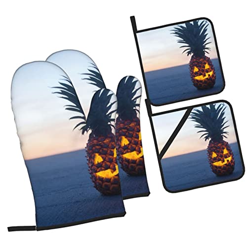 Pineapple Fruit Oven Mitts And Pot Holders Set Durable Heat Insulation Waterproof Kitchen Oven Gloves For Baking Cooking Bbq Pack Of 4 #TOP1