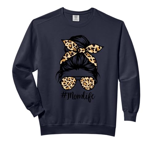 Leopard Messy Bun Hair Glasses Mom Life Mother's Day Women Comfort Colors Adult Sweatshirt