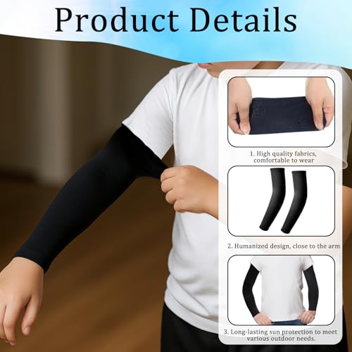 4 Pairs Kids Arm Sleeves, UV Sun Protection Cooling Compression Sleeves for Youth Boys Girls Sports, Breathable Elastic Ice Sleeve for Outdoor Activities (Black White Grey Navy)3