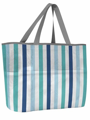 Beach Bags Women Mesh Tote Bag Farmhouse Blue Green Vertical Stripe Toy Grocery Pool Bag with Pockets for Travel/Picnic
