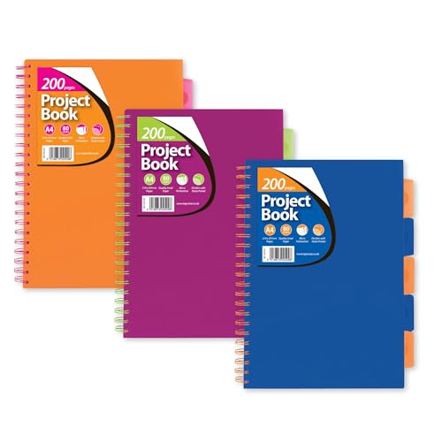 Office Zone A4 Project Book –200 Pages Assorted Colors (Orange, Purple, Blue) Lined Paper (80 GSM) Micro-Perforated, Dividers Notes Pocket, Attached Measurement Scale – Pack of 1/3/5 (1, Assorted)