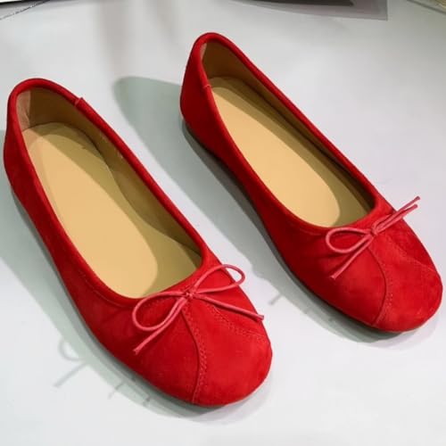 Casual Patchwork-Designed Ballet Flats for Women with Bow Slip-on Low-Cut Genuine Leather Mary Janes Shoes Lightweight & Soft-Surfaced3