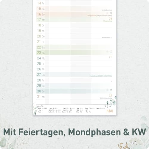 Häfft® Planer für zwei 2026/2027 „Blattgold“ – Paarkalender 17 Monate (Aug 26 - Dez 27) – Wandkalender für 2 Personen, 3 Spalten, schmaler Wandplaner 13x31,9 cm