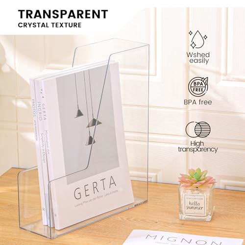 CiWiVOKi Vertical File Holder, Clear PET Desk Organizer and Storage Bins Holding for Magazines, Binders, Notebooks, Envelopes, Multi-purpose Plastic Document Organizer for Home Office, 4 pack - Thumbnail 3