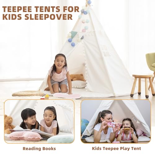 6 PCS White Kids Teepee Play Tent, Foldable Washable Tipi Tent Kids Boho Tent, Playhouse for Girls Boys Sleepovers Party Birthday Party Slumber Party for Indoor Outdoor Games - Thumbnail 7