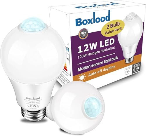 Boxlood Outdoor Motion Sensor Light Bulbs, 12W(100W Equivalent) Indoor Automatic Activated by Motion, A19 E26 5000K Daylight Dusk to Dawn Security Bulbs for Entrance Porch Stairs Garage Hallway 2Pack
