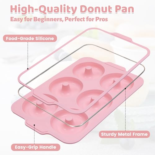 Toeusog Nonstick Silicone Donut Pan: 4 Inch Large Donut Mold with Metal Frame - Bagel Doughnut Pan for Baking Gluten Free Glazed Vegan - for Oven Housewife Home Baker Baking Lovers (Pink & Beige)