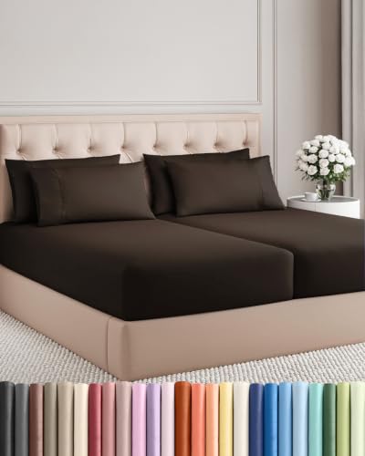 Image of Split King 7 Piece Bed Sheet Set - Breathable & Cooling - Chocolate Brown