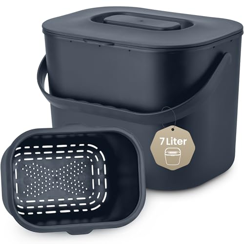 Black Sweden Home Biomülleimer Küche - 7L - Design Komposteimer mit Sieb - Bio-Mülleimer Geruchsdicht - Bio Abfalleimer- Komposter Küche Eimer mit Deckel - Bioabfallbehälter für Küche - Anthrazit Grau