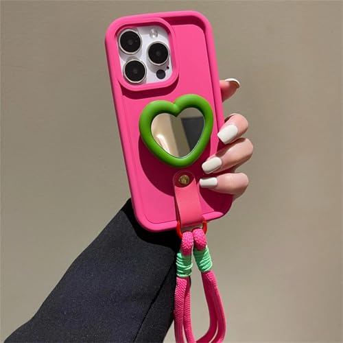 Coque iPhone 15 rouge antichoc avec support miroir d'amour et dragonne