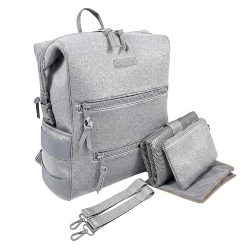 Image of BUNSO Neoprene Diaper Bag Backpack, Water-resistant, Travel Baby Bag With Changing Pad, Stroller Straps, Wet Bag and Pouch (Gray)