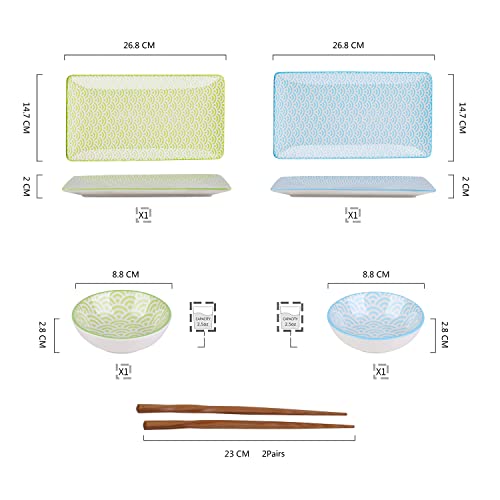 Vancasso Natsuki Porcelain Sushi Plate Set For 2, 6 Pieces Japanese Style Ceramic Blue Green Sushi Serving Set, Including Sushi Platters | Dip Bowls | Bamboo Chopsticks #TOP1