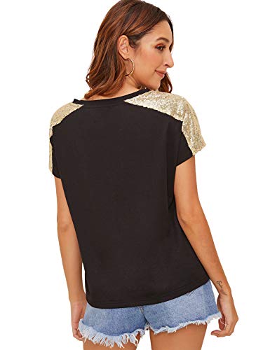 SweatyRocks Women's Casual Contrast Sequins Summer T Shirts Short Sleeve Solid Plain Tee Tops2
