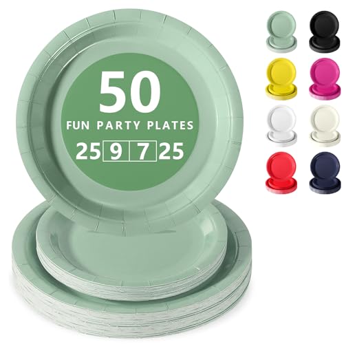 Nkaiso Assiette Jetable Anniversaire, 50 Pièces Vert Sauge Vaisselle en carton - 25 Assiettes Plateaux 23cm & 25 Assiettes Dessert 18cm - Pour Mariage,...