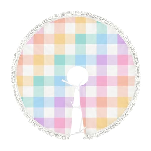 Christmas Tree Skirt 48 Inch Xmas Skirt Spring Summer Colorful Pastel Check Plaid Short Plush White Tassel Machine Washable Xmas New Year Holiday Party Decorations