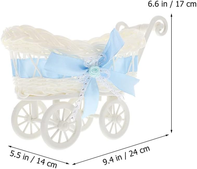 ARTIBETTER 2pcs Wicker Stroller Rattan Woven Basket Candy Snacks Goodie Treat Cart for Baby Shower Centerpieces Decoration Sky-blue