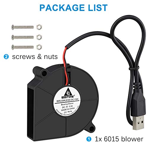 GDSTIME USB Blower Fan Small 60mm x 15mm, Quiet 3 Speeds, Adjustable Mini 5V Brushless DC Cooling Fans for Helmet Laptop 3D Printer Ventilaiton
