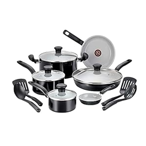 T-fal Initiatives Ceramic Nonstick Cookware Set 14 Piece Oven Safe 350F Pots and Pans Black