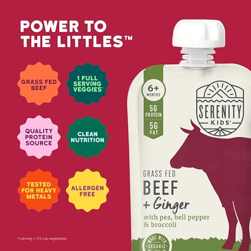 Image of Serenity Kids Baby Food Pouches, Beef & Ginger, Baby Puree, 3.5 Oz, 6 Pack | 5g Protein, No Added Sugar, Grass Fed Beef, Recyclable Baby Pouches, GMO-Free Toddler Food, Organic Baby Food, Toddler Snacks
