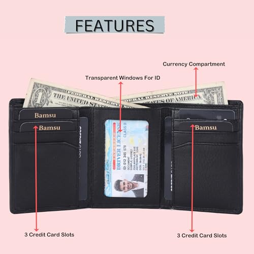Image of Men's Trifold Leather Wallet with Deer Emboss & Red Accent Trim | Full-Grain Nappa Leather | RFID Blocking Slim Card Holder | Gift for Husband, Dad, Boyfriend