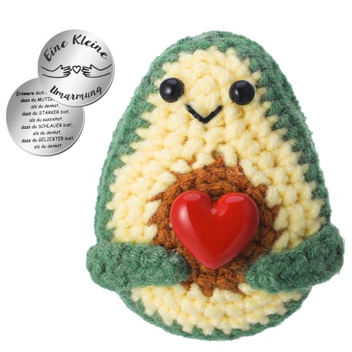Camptrip Pocket Hug Avocado Strickwolle Avocado Kuscheltier mit Glücksbringer Positive Geschenke für Erwachsene und Kinder Motivationspuppe mit Energiekarte als Mutmacher Geschenk
