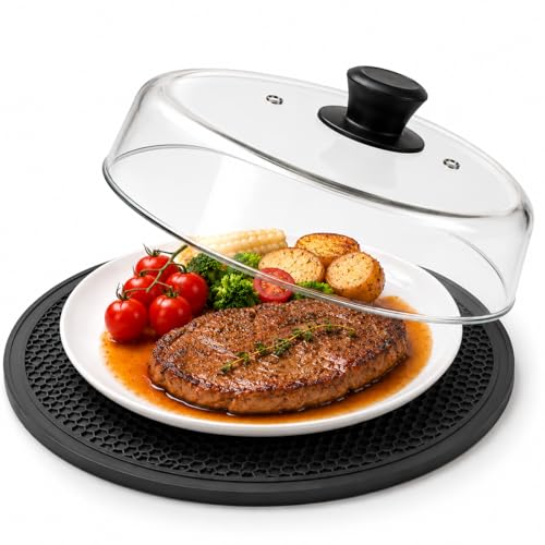 Image of Glass Microwave Splatter Cover for Food, 10-Inch Borosilicate Glass Microwave Plate Cover with Vent Hole & Anti-Slip Silicone Mat, Tall Heat Resistant Microwave Food Cover, Dishwasher Safe