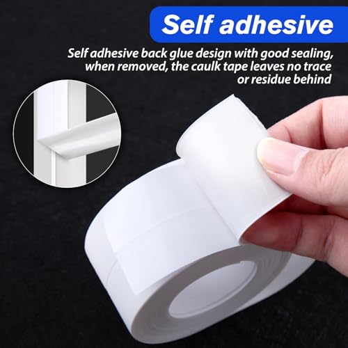 Image of 2 Rolls White & Black Caulk Tape Waterproof Self Adhesive Caulking Sealant Strip with Sealing Tool for Kitchen, Countertop, Bathroom, Sink, Bathtub, Toilet (1.5 inch x 10.5Ft)