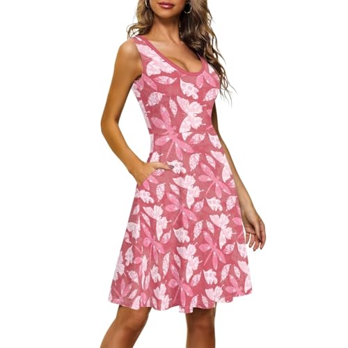 Image of Women's Casual Loose Sundress Midi Sleeveless Crewneck Dress Summer Beach Tank Dress with Pockets