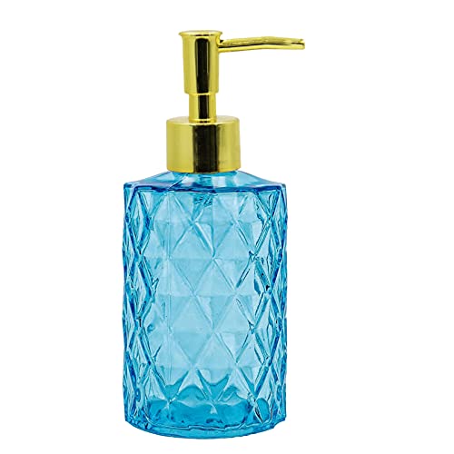 RonFin Distributeur de Savon en Verre - 330 ML - Distributeur de Savon Liquide avec Pompe en Plastique - pour Salle de Bain et Plan de Travail - Convient pour Savon Liquide (Diamond Blue) Cover